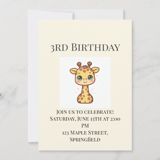 Invitación de cumpleaños número 3 de jirafa bebé l (Anverso)