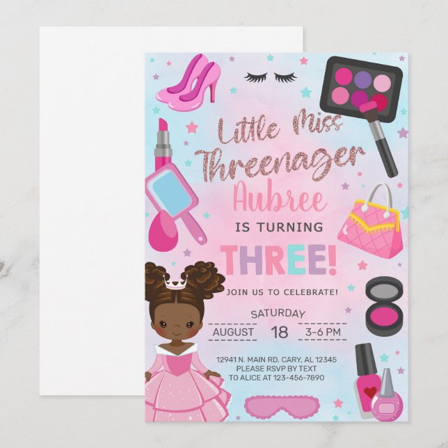 Invitación de cumpleaños número 3 de Miss Threenag (Anverso / Reverso)