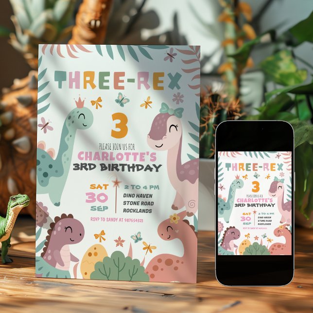 Invitación de cumpleaños número 3 de niña con dino (Subido por el creador)