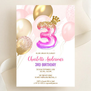Invitación de cumpleaños número 3 de niña con glob