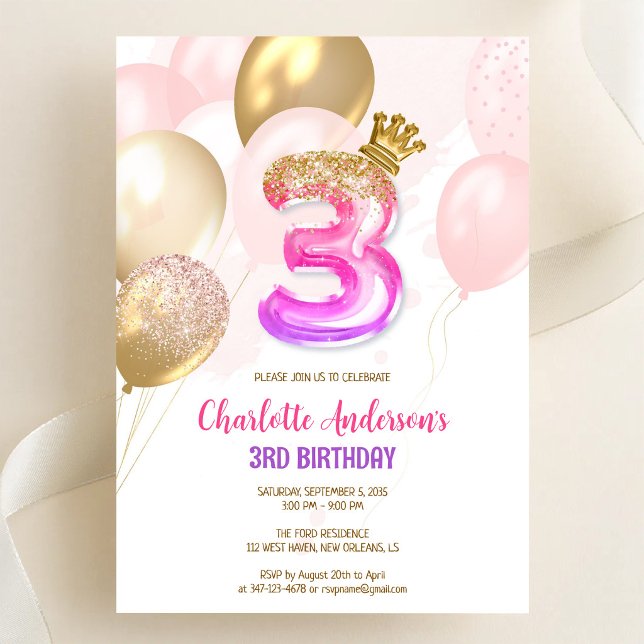 Invitación de cumpleaños número 3 de niña con glob (Subido por el creador)