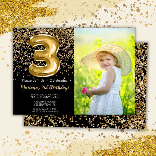Invitación de cumpleaños número 3 de niña en negro