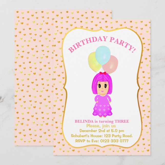 Invitación de cumpleaños número 3 de niña linda (Anverso / Reverso)