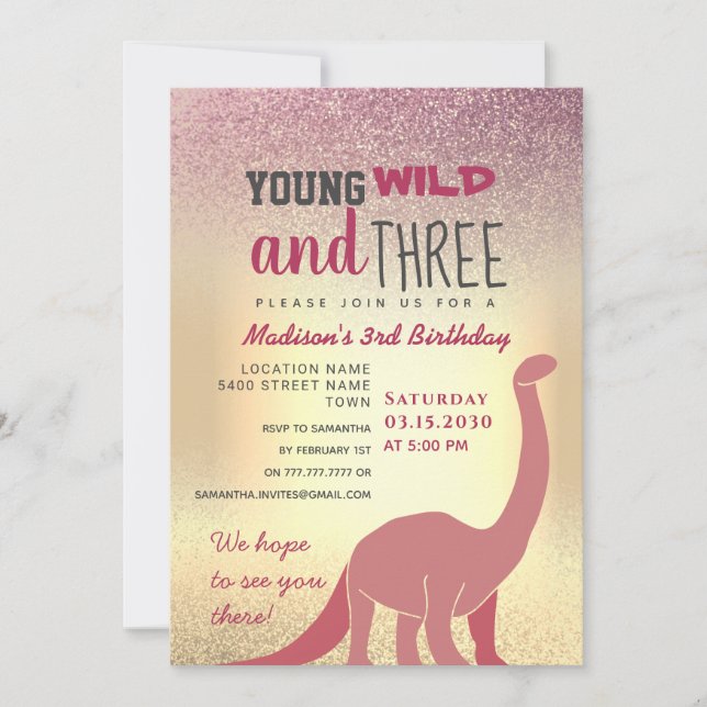 Invitación de cumpleaños número 3 de niña rosa (Anverso)