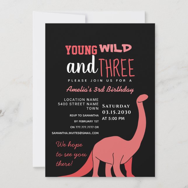 Invitación de cumpleaños número 3 de niña rosa (Anverso)
