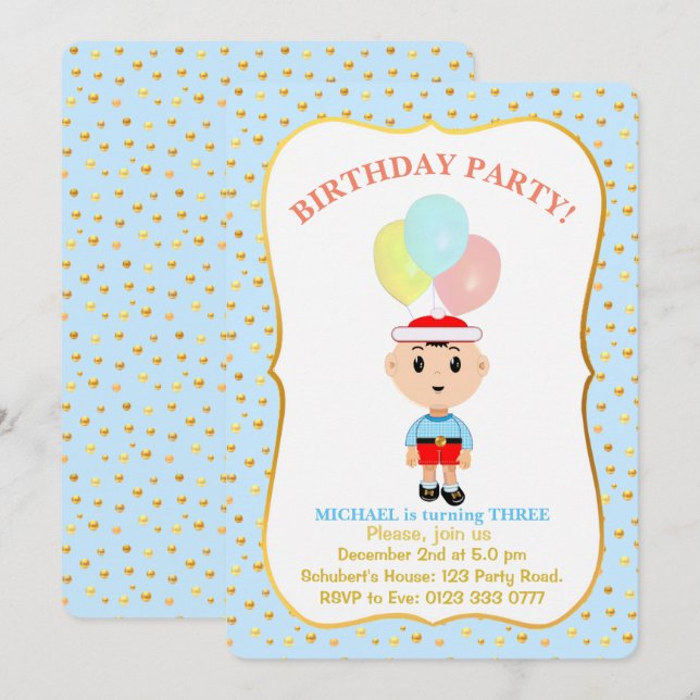 Invitación de cumpleaños número 3 de niño lindo (Anverso / Reverso)