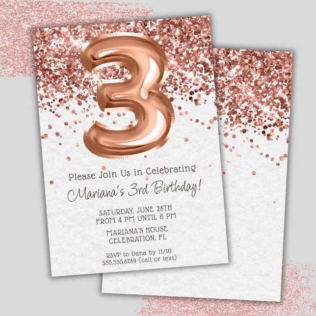 Invitación de cumpleaños número 3 de Rose Gold (Subido por el creador)