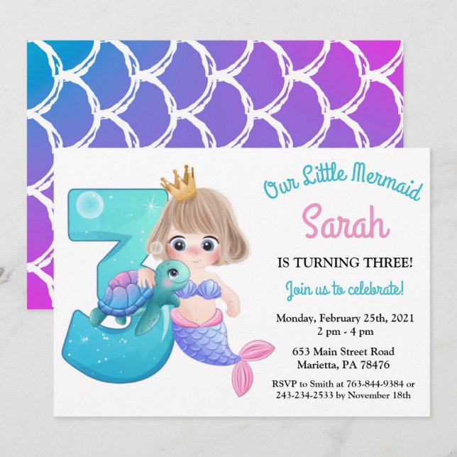 Invitación de cumpleaños número 3 de sirena acuare (Anverso / Reverso)
