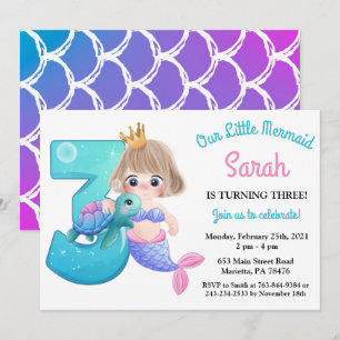 Invitación de cumpleaños número 3 de sirena acuare