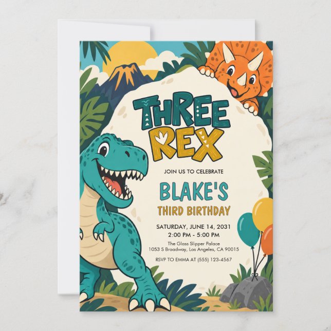 Invitación de cumpleaños número 3 de Three Rex Din (Anverso)