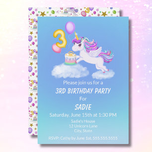 Invitación de cumpleaños número 3 de unicornio con