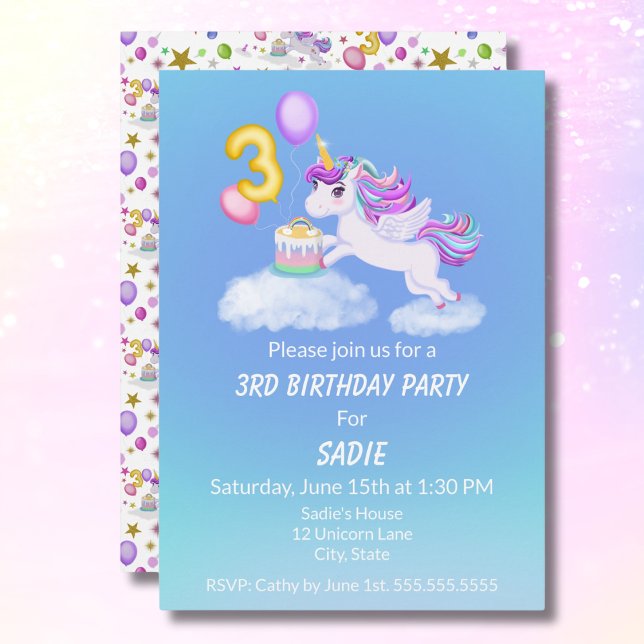 Invitación de cumpleaños número 3 de unicornio con (Subido por el creador)