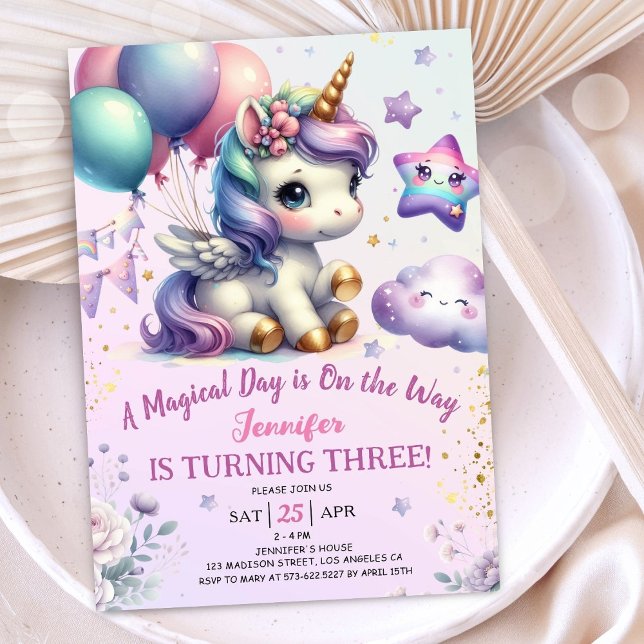 Invitación de cumpleaños número 3 de Unicornio niñ (#UnicornBirthdayInvitation #UnicornBirthdayInvitationTemplate #UnicornBirthdayInvitationEditable)