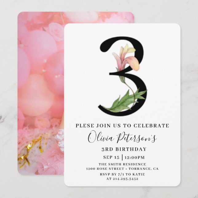 Invitación de cumpleaños número 3 floral con foto  (Anverso / Reverso)
