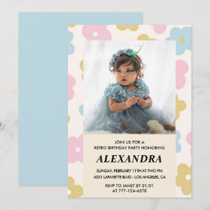 invitación de cumpleaños número 3 Flores Retro Gro