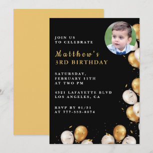 Invitación de cumpleaños número 3 negro Globo dora