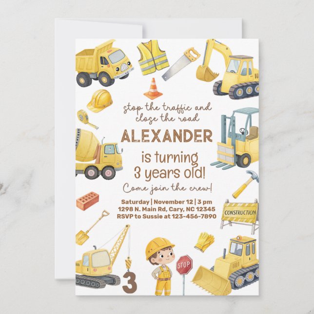 Invitación de cumpleaños número 3 para niño con ca (Anverso)