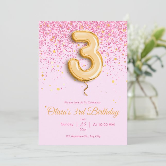 Invitación de cumpleaños número 3 rosa con brillo  (Anverso de pie)