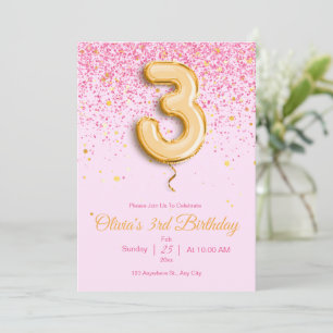 Invitación de cumpleaños número 3 rosa con brillo