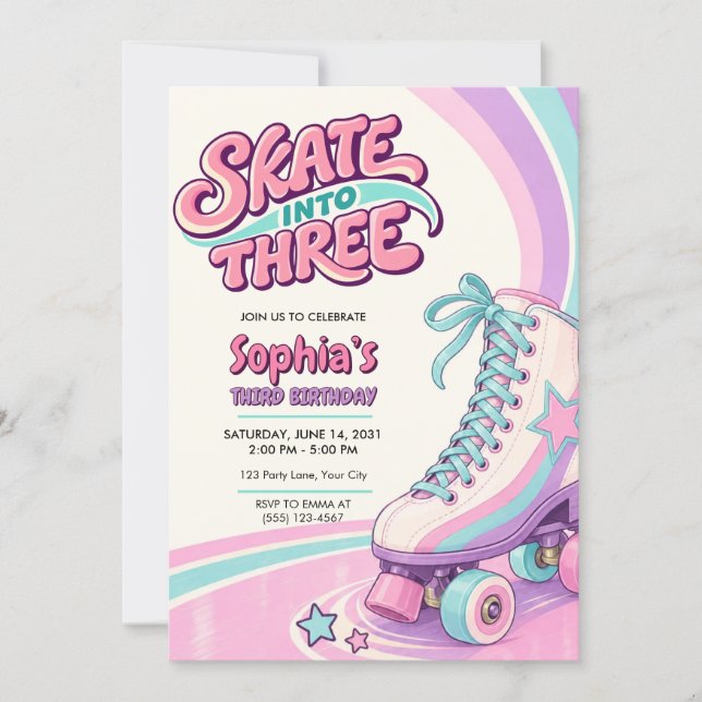 Invitación de cumpleaños número 3 Skate Into Three (Anverso)