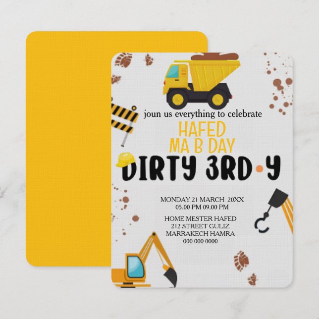 Invitación de cumpleaños número 3 sucia de constru (Anverso / Reverso)
