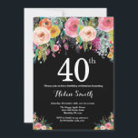 Invitación de cumpleaños número 40<br><div class="desc">Invitación a los 40 Años Florales para Mujeres. Flor floral acuarela. Fondo del tablero negro. Rosa,  Amarillo,  Naranja,  Flor Púrpura. Cumpleaños de adultos.
Para más personalización,  haga clic en el botón "Personalizar" y utilice nuestra herramienta de diseño para modificar esta plantilla.</div>