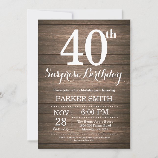 Invitación de cumpleaños número 40 a una sorpresa  (Anverso)
