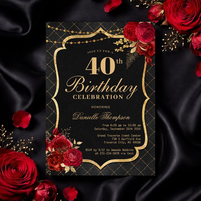 Invitación de cumpleaños número 40 Black, Red & Go (Black, Red & Gold 40th Birthday Invitation with Roses
)