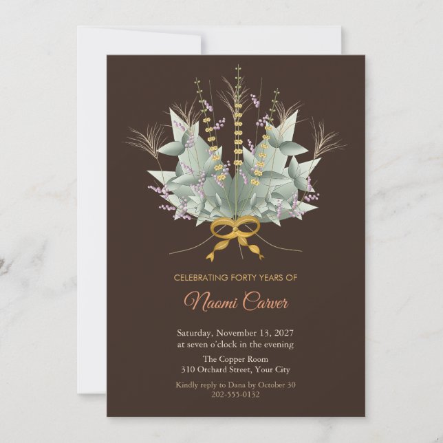 Invitación de cumpleaños número 40 Boho Ramo de Go (Anverso)