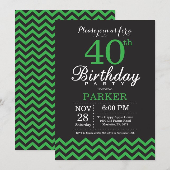 Invitación de cumpleaños número 40 Chevron negro y (Anverso / Reverso)