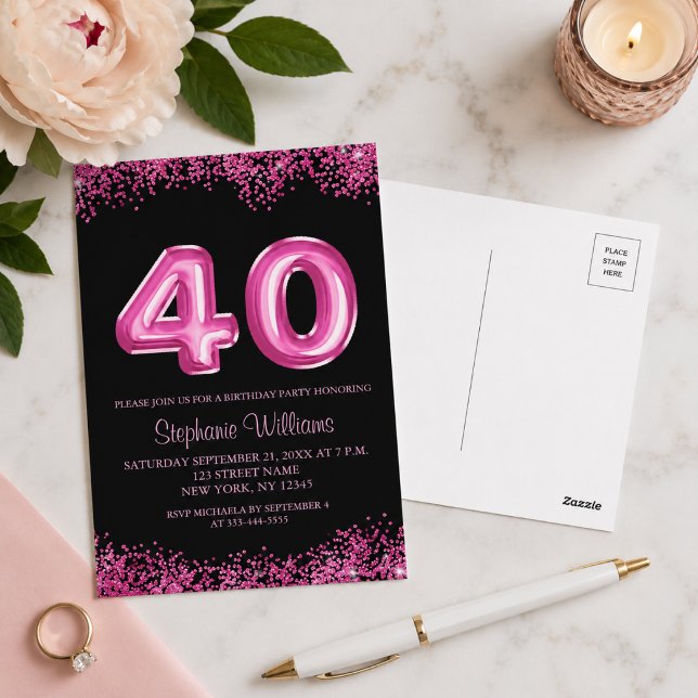 Invitación de cumpleaños número 40 Chic Black Pink (Add details to customize your invitation. Please see the collection for matching items.)