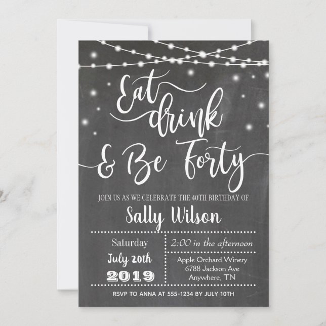 Invitación de cumpleaños número 40 come bebida y c (Anverso)