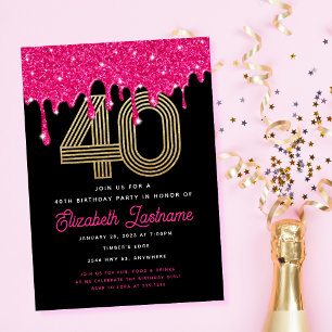 Invitación de cumpleaños número 40 con brillo rosa