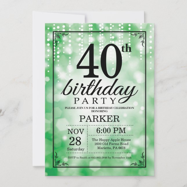 Invitación de cumpleaños número 40 con brillo verd (Anverso)