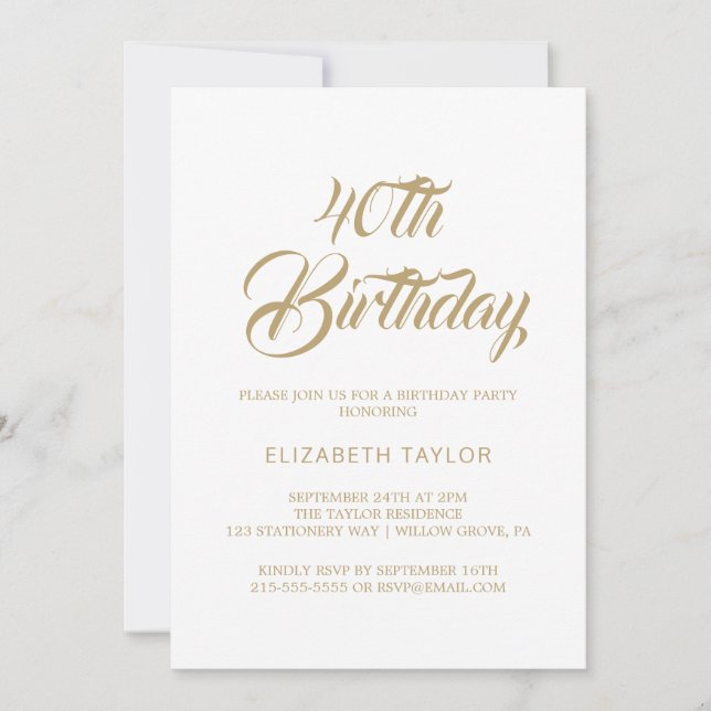 Invitación de cumpleaños número 40 con caligrafía  (Anverso)
