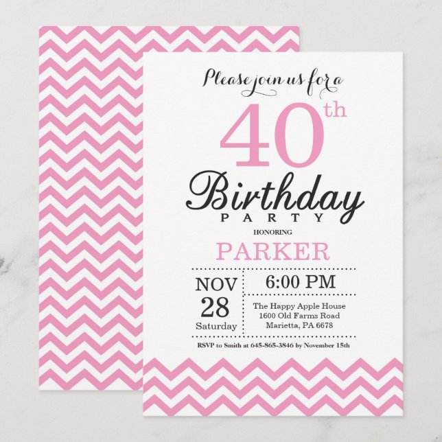 Invitación de cumpleaños número 40 con Chevron Ros (Anverso / Reverso)