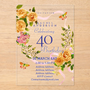 Invitación de cumpleaños número 40 con cinta de ro