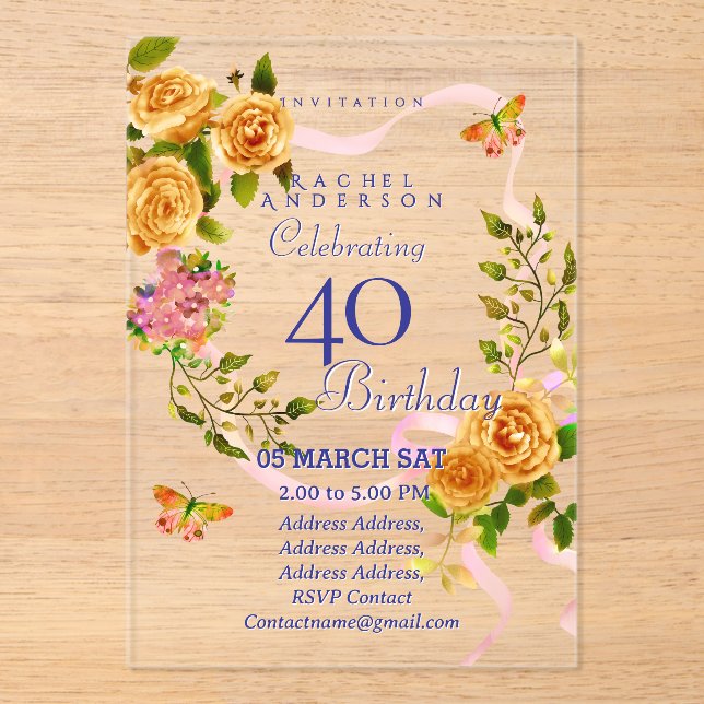 Invitación de cumpleaños número 40 con cinta de ro (Anverso)