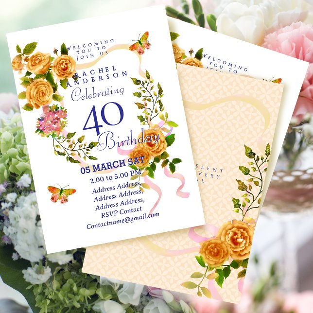 Invitación de cumpleaños número 40 con cinta de ro (Gold Rose Ribbon 40th Birthday Invitation)