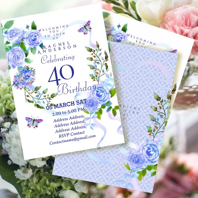 Invitación de cumpleaños número 40 con cinta de ro (Blue Rose Ribbon 40th Birthday Invitation)
