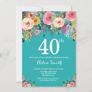 Invitación de cumpleaños número 40 con flores azul