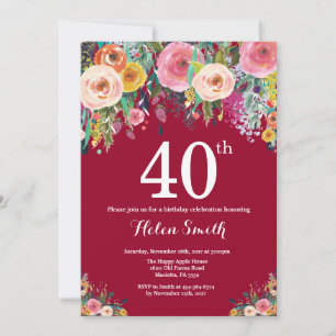 Invitación de cumpleaños número 40 con flores de c