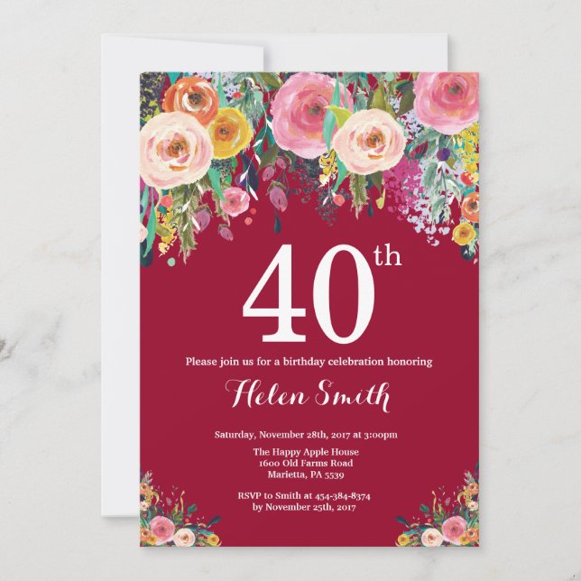 Invitación de cumpleaños número 40 con flores de c (Anverso)
