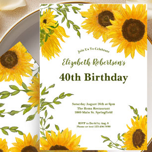 Invitación de cumpleaños número 40 con girasoles e