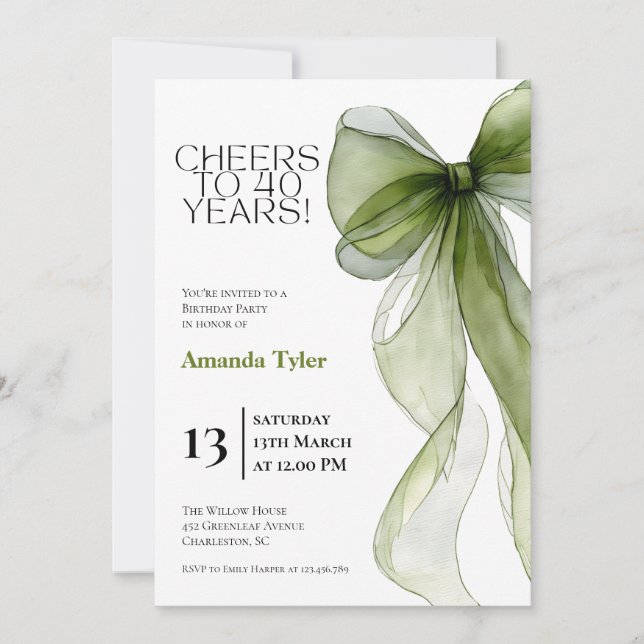 Invitación de cumpleaños número 40 con lazo de acu (Anverso)