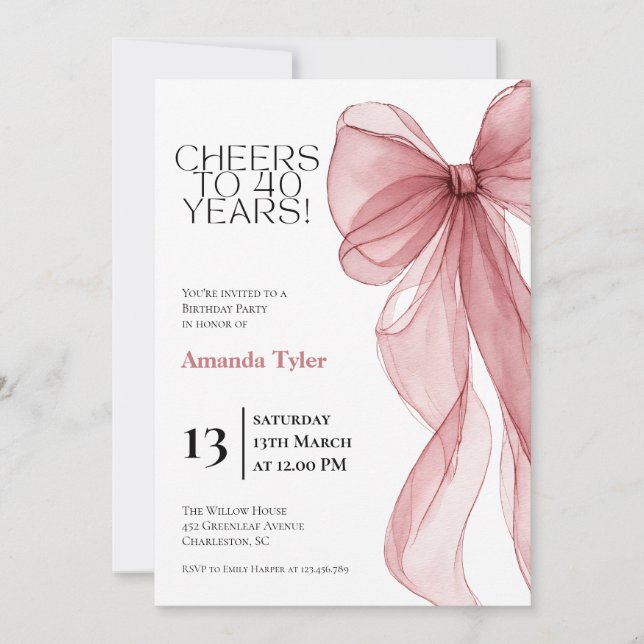 Invitación de cumpleaños número 40 con lazo de acu (Anverso)