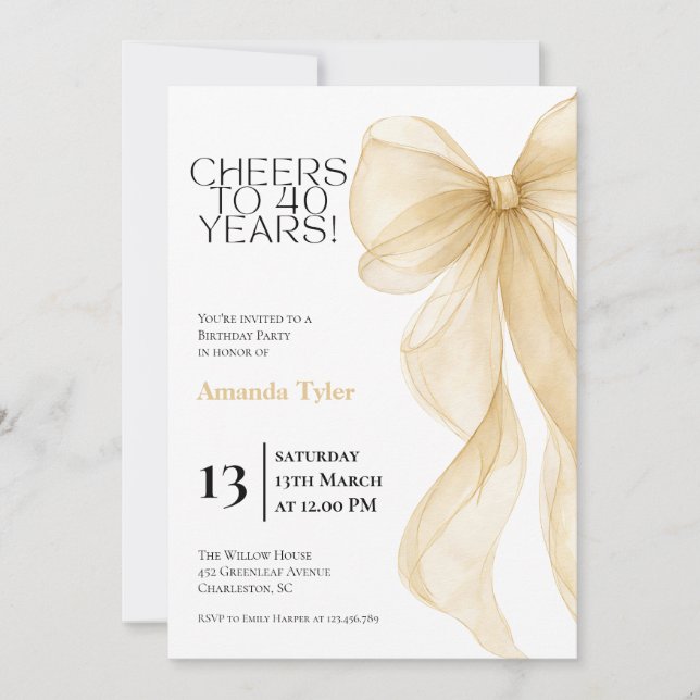 Invitación de cumpleaños número 40 con lazo de acu (Anverso)