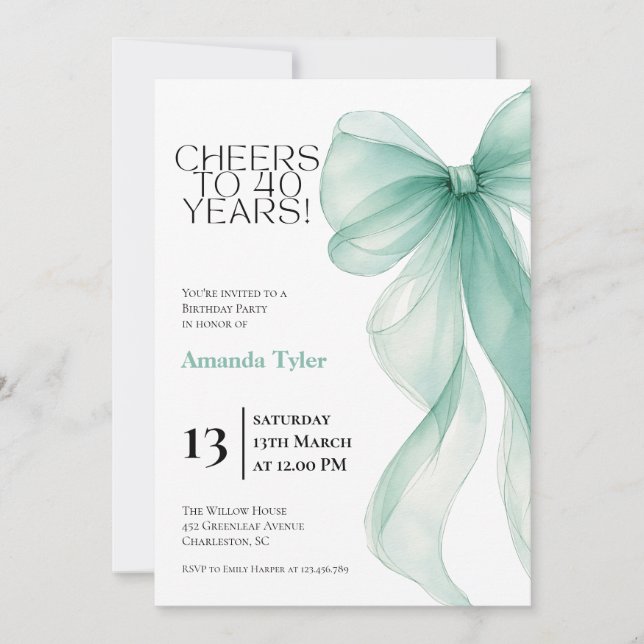 Invitación de cumpleaños número 40 con lazo de acu (Anverso)