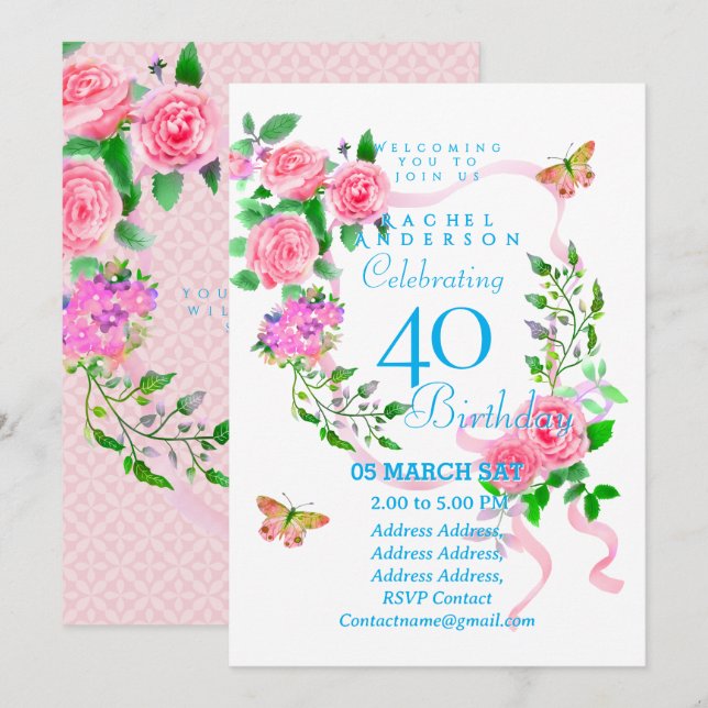 Invitación de cumpleaños número 40 con lazo de ros (Anverso / Reverso)