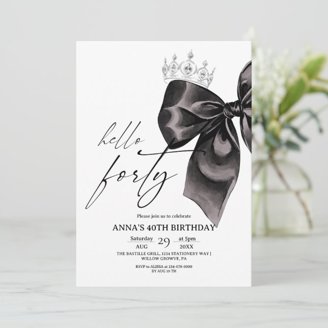 Invitación de cumpleaños número 40 con lazo negro  (Anverso de pie)